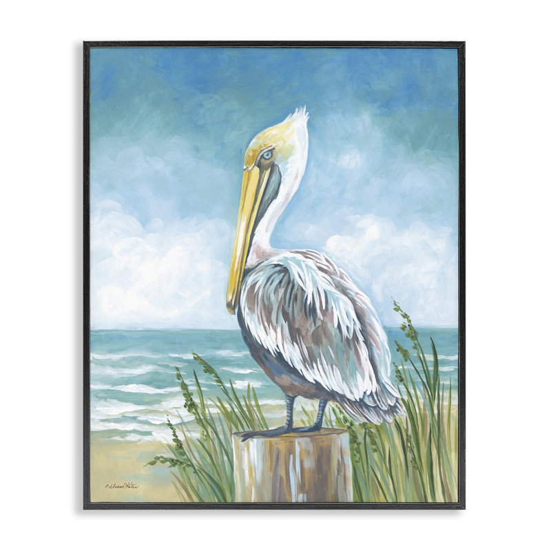 Pélican perché près de la côte, estampe numérique, design par Diane Kater, H 14 po x l 11 po, Giclée encadrée noir minuit