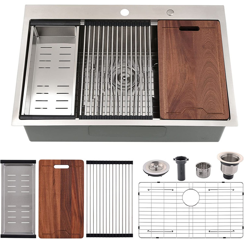 33'' L Single Bowl Stainless Steel Kitchen Sink, Brushed