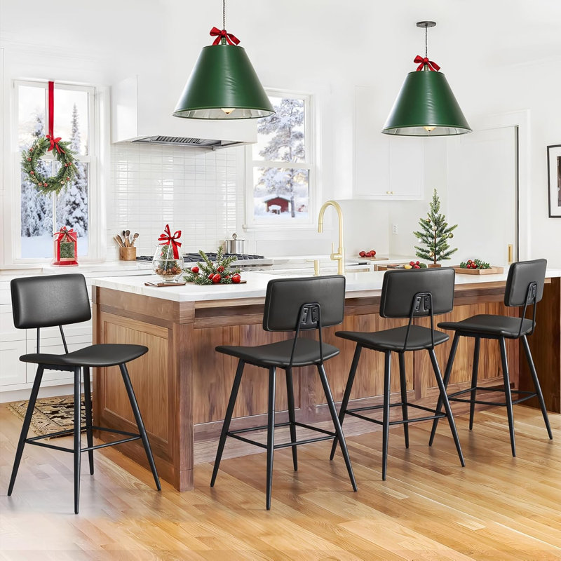 Set Of 4 Black Faux Leather Bar Stools – 25.6" Seat Height, Armless Design With Curved Backrest, Easy-To-Clean Bar Chairs For Kitchen, Pub, Or Home Bar