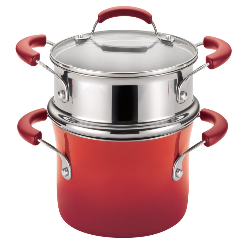 Rachael Ray Classic Brights 3 qt. Hard Enamel Nonstick Saucepot and Steamer Insert Set with Lid, Red