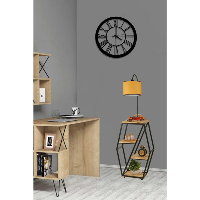 Lampe sur pied élégante avec bibliothèque, structure en métal jaune et bois de sapin 100% Luro, 65 x 39,4 po Luro | Douille E27 Max 60W, parfaite pour les coins lecture et les salons | Conception élégante avec peinture électrostatique séchée au f