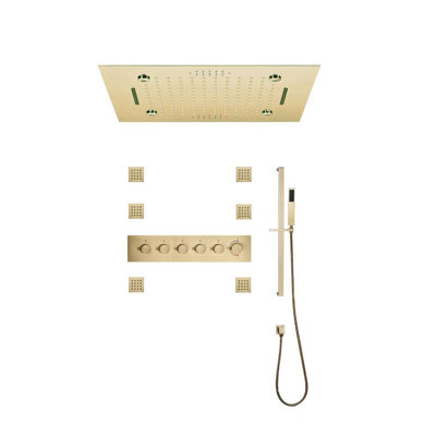 Brushed Gold Phone Controlled Thermostatic Shower with LED Jets and Hand Spray