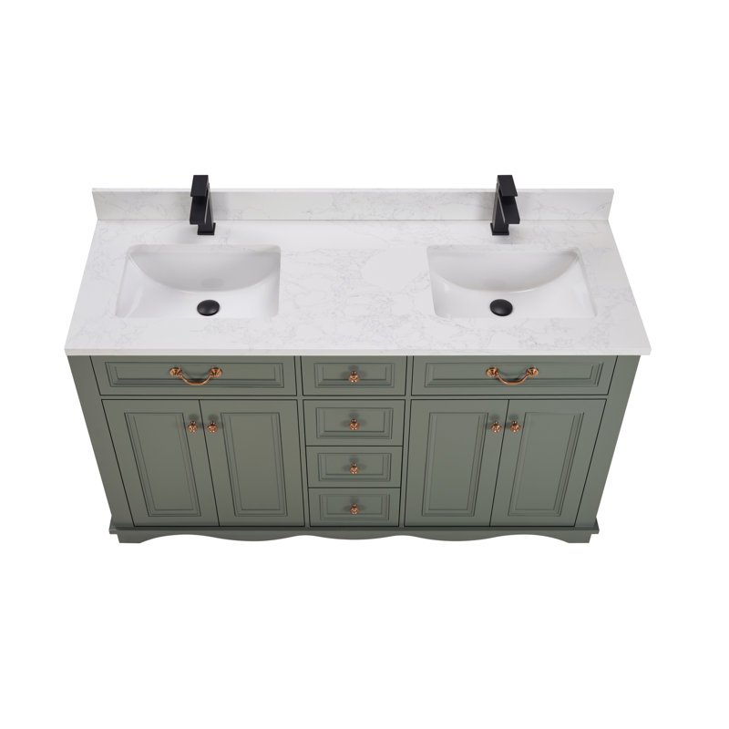 60" Solid Wood Sink Vanity  With 1' Artificial Stone Top, Pewter Green