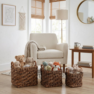 Decorative Woven Square Baskets with Handles for Household Storage - Multipurpose Organizer for Small Spaces - Set of 3, 17", 15", 14", Brown