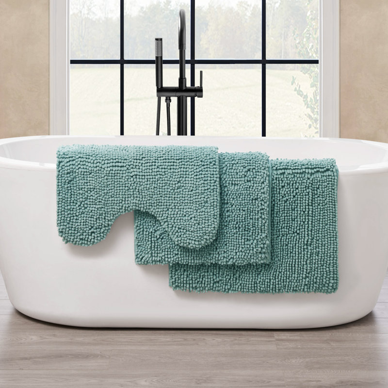 Chenille Super Soft Absorbent Microfiber Non-Slip 3-Piece Bath Rug, Seafoam Blue