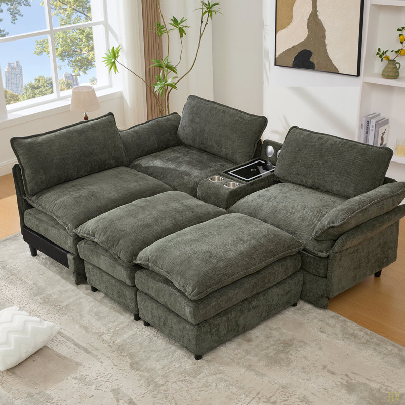 U Shaped Modular Sectional Sofa,Storage Console & Wireless Charging,2 Cup Holderstooth Speakers,2 Movable Footstools,Adjustable Handrail,Movable Seat,Chenille