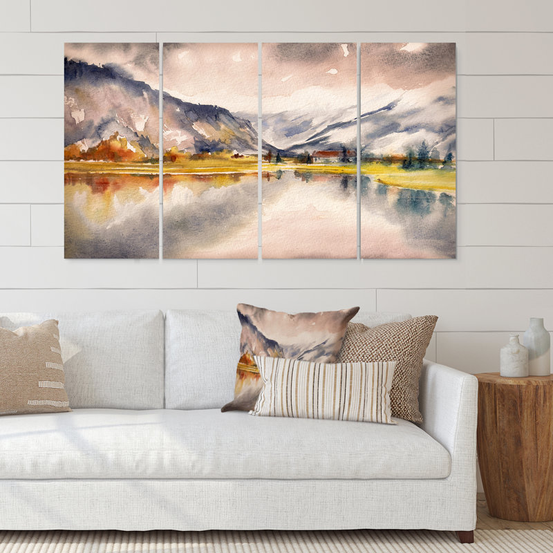 Paysage d'automne avec le ciel reflété sur le lac - peinture sur toile tendue 4 pièces