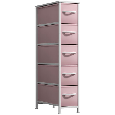 Sorbus Narrow Dresser with 5 Drawers - Vertical Slim Storage Chest of Drawers with Steel Frame, Wood Top & Easy Pull Fabric Bins for Small Spaces, Closets, Bedrooms, Bathrooms & Laundry, Pink