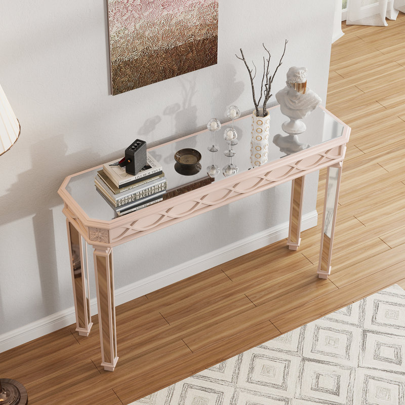Console Mid-Century avec miroir en bois massif, Rose