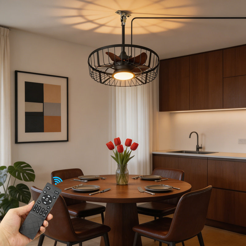 Ventilateur de plafond industriel en cage de 21,65 po avec lumière, pales en bois réversible, éclairage à DEL à intensité variable et télécommande, ventilateur encastré à profil bas pour cuisine de chambre à coucher