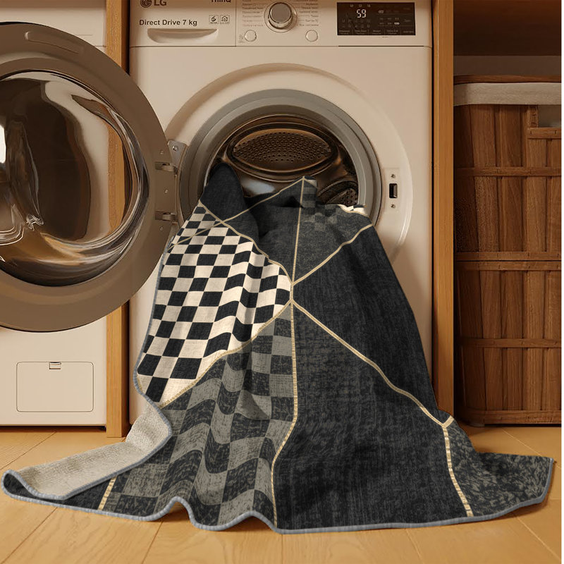 Machine Washable Arverne Art Deco Checkered Rug in Gray – Gray Binding, 5' Round