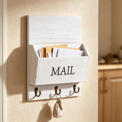 Wall Mounted Mail Organizer with Key Holder, Decorative Wooden Mail Sorter with Hooks for Entryway, Hallway, Kitchen, Living Room