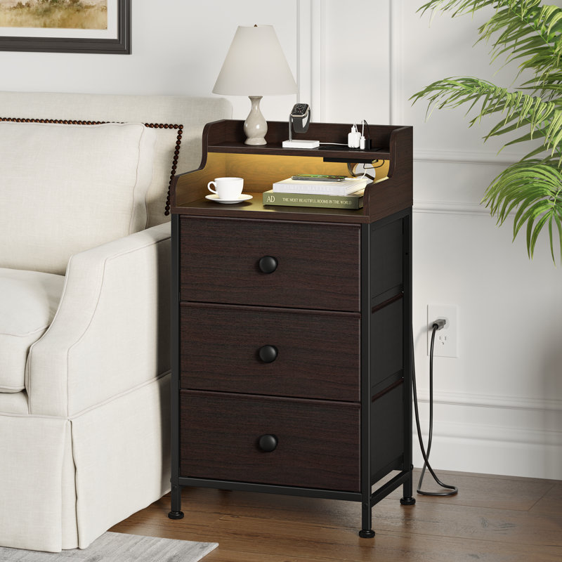 Sereena Nightstand With 3 Drawers & 2-Tier Open Shelf, Bedside Table With LED&  2 USB Ports, Stable Metal Frame, Brown