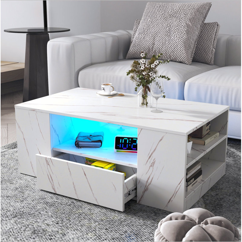 Table basse à DEL 14,57 po avec 2 tiroirs et tablette latérale ouverte, Blanc
