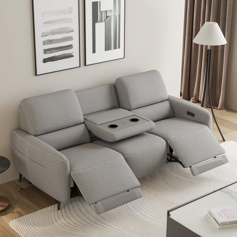 Pursifull Power Zero Wall Reclining Sofa with USB Ports, Light Gray Polyester, 3-Person Seating (With Console)