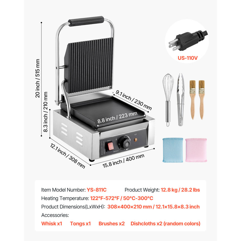 Commercial Panini Press Grill Electric Sandwich Maker Griddle Plate 8.8x9 in