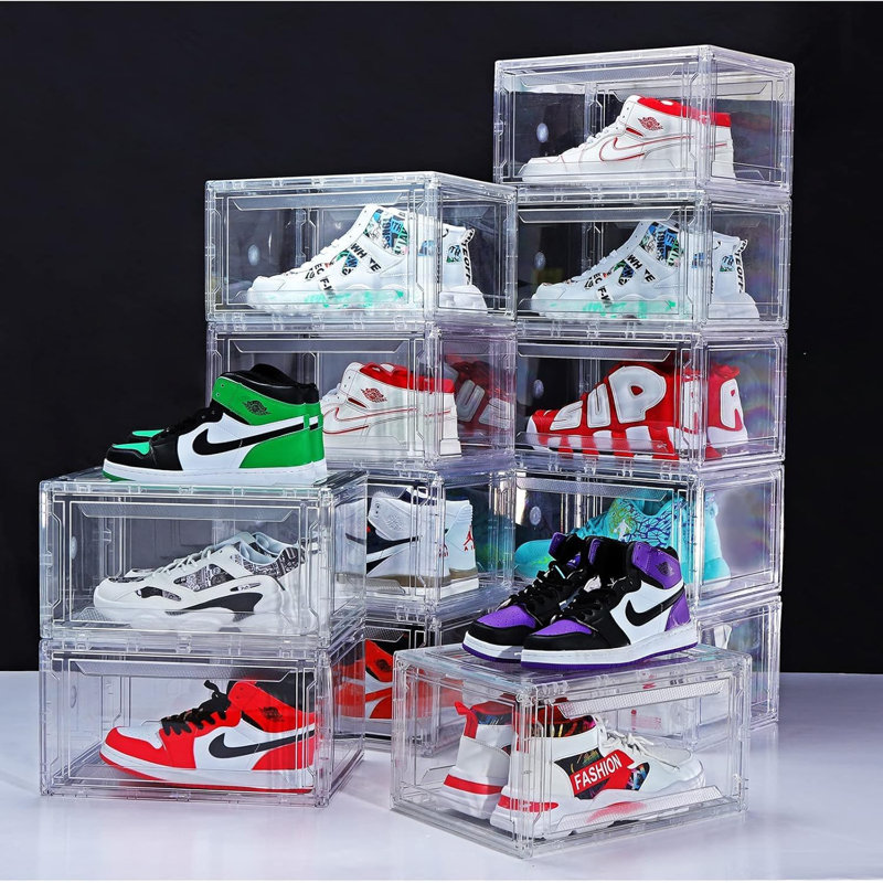 Clear Acrylic Plastic Shoe Storage Boxes, Stackable Foldable Drop Front Design With Lids, Space-Saving Shoe Organizer