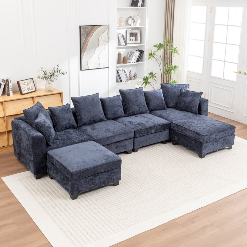 Canapé modulaire en U avec 2 repose-pieds Bennett, Chenille bleu