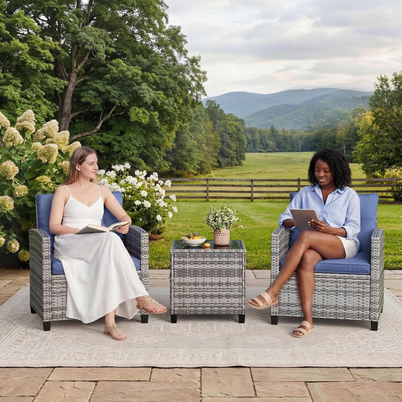 3-Piece Outdoor Patio Furniture Set, PE Rattan Wicker Frame with Tempered Glass Side Table, Conversation Chairs with Removable Cushions, Balcony Porch Garden Seating