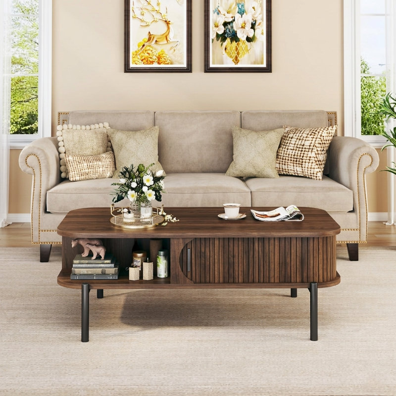 Petite table basse avec rangement pour porte coulissante cannelée de salon, H 17 po x l 39,4 po x P 19,6 po, Brown