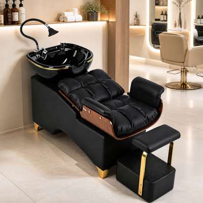 Professional Shampoo Bowl and Chair Set with Footstool, Shampoo Backwash Chair with Ceramic Basin, Dual Water Flow, Gold Accents