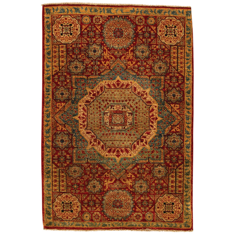 Hand Knotted Wool Area Rug in Red And Beige