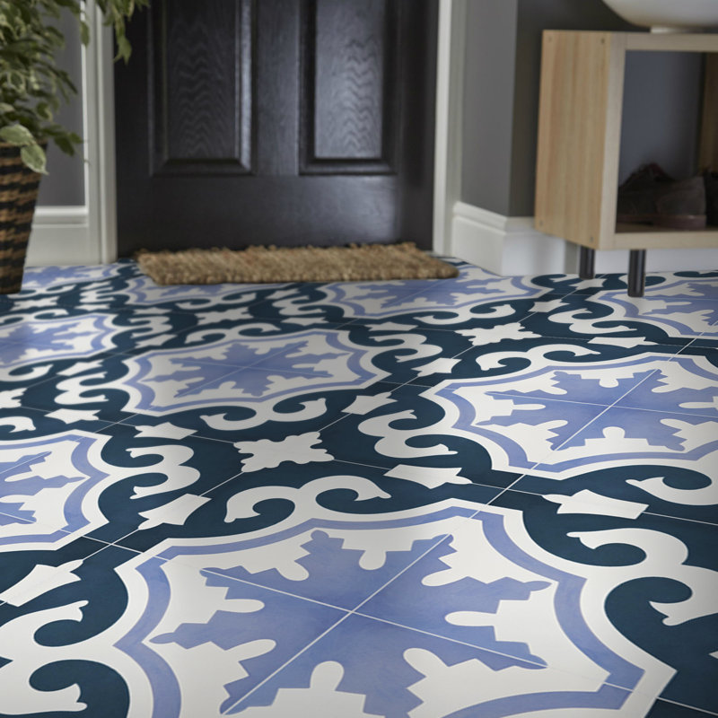 Tanger 8 in. x 8 in. Honed Tile, White/Navy Blue