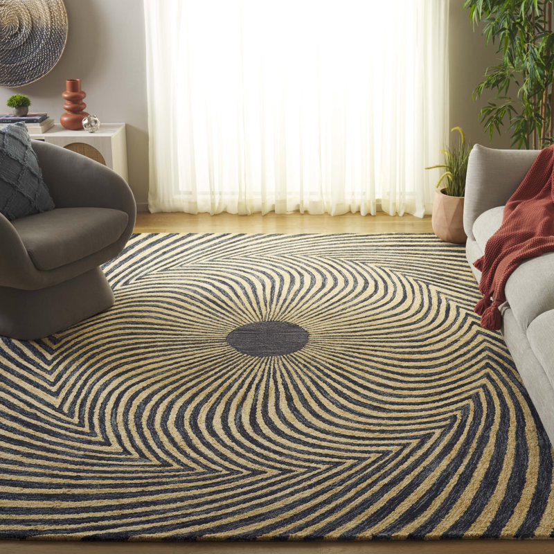 Semas Hand Tufted Wool/Cotton/Latex Abstract Rug in Black/Gold, Rectangle 8' x 10'