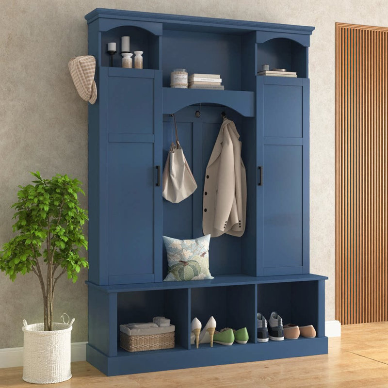 Modern All-in-One Hall Tree with Adjustable Shelves | Classic Arched Farmhouse Storage Bench with Dual Side Cabinets | Elegant Entryway Organizer with 7 Hooks for Mudroom, Hallway, or Living Room