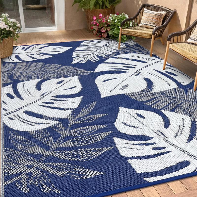 Outdoor Reversible Plastic Straw Rug 9x12ft, Waterproof Patio Mat, Large Mark-Resistant Washable Carpet, Non-Slip, UV Fade-Resistant, with Portable Bag & Stakes, Navy Blue