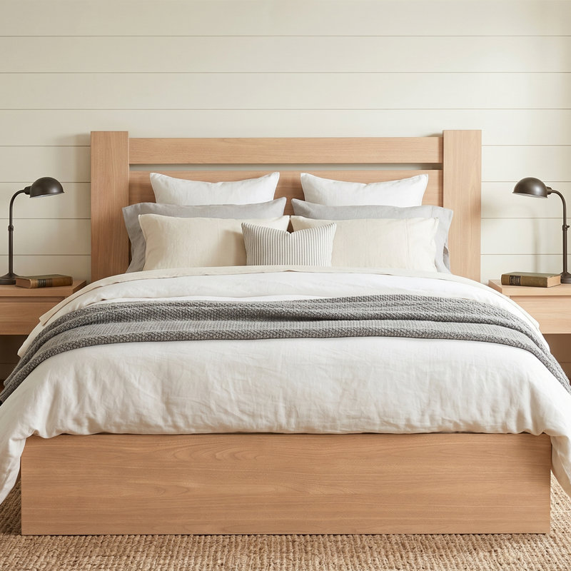 Lit plateforme moderne en bois avec tête de lit horizontale et rangement relevable, double, bois naturel, Lit double