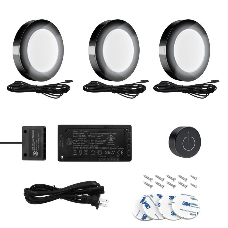  Paquet de 3 mini-rondelles 4000K avec gradateur sans fil 12V 1,8 W / pièce pour éclairage sous l'armoire, Noir