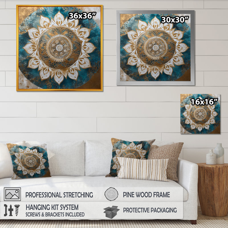Sarcelle et mandala doré II sur toile, H 16 po x l 16 po x P 1 po, Cadre flottant noir