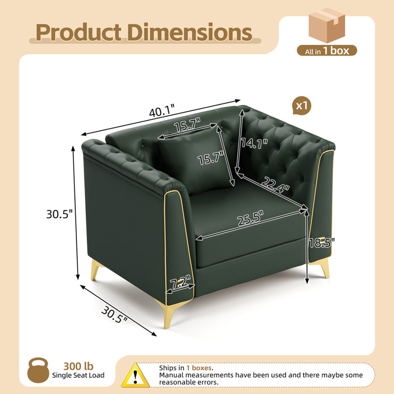 Canapé 1 place avec 1 coussin, Green Faux Leather