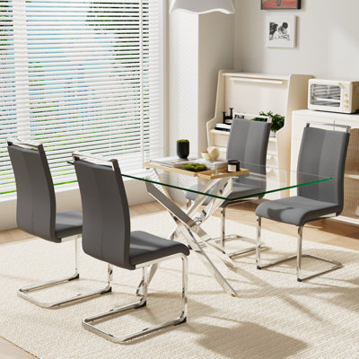 5 pièces, table rectangulaire en verre trempé 63 po avec 4 chaises rembourrées en polyuréthane