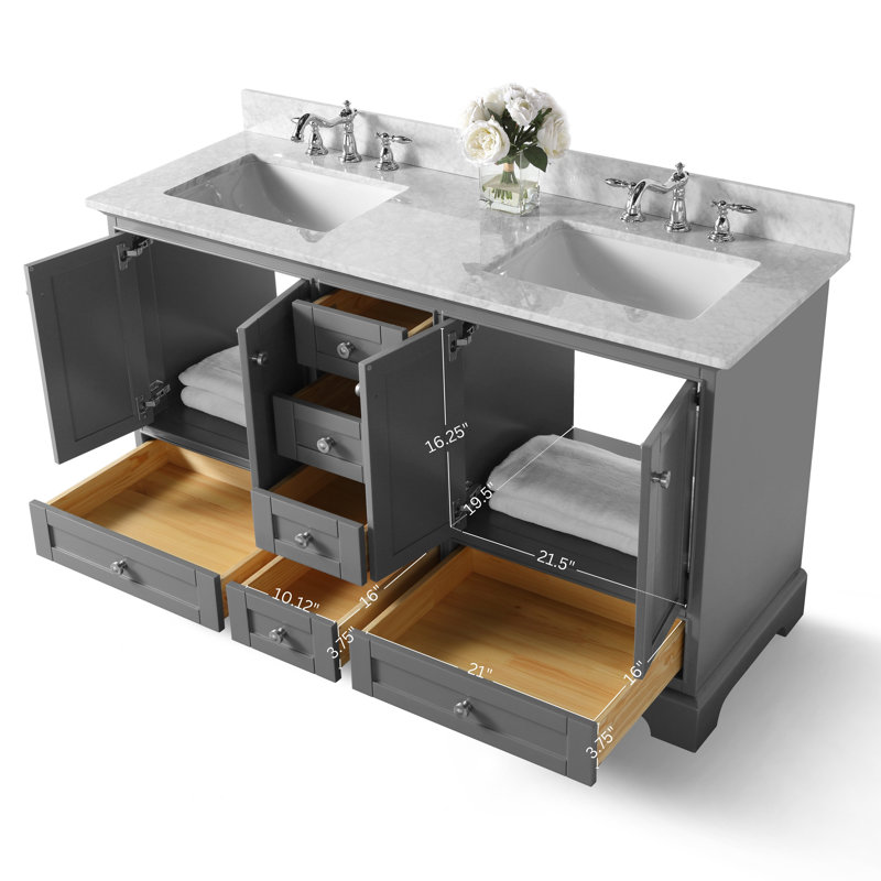 Ensemble de meuble-lavabo double 60 po Varna, Gris saphir / nickel brossé, Marbre blanc de Carrare