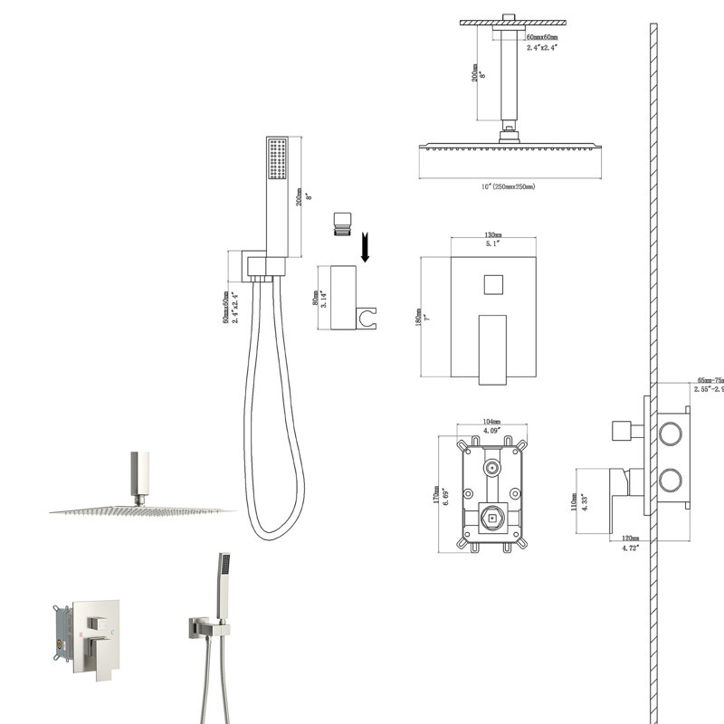 Dual Shower Head In Brushed Nickel - 10 Inch Square Ceiling Mount With Rainfall And Handheld Shower, Easy To Install Rain -balanced Valve Detachable