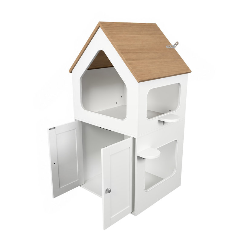 Enceinte de litière en forme de toit avec maisonnette pour chat, patin à griffes et marches latérales, litière cachée en bois avec portes doubles, armoire pour animaux intérieure