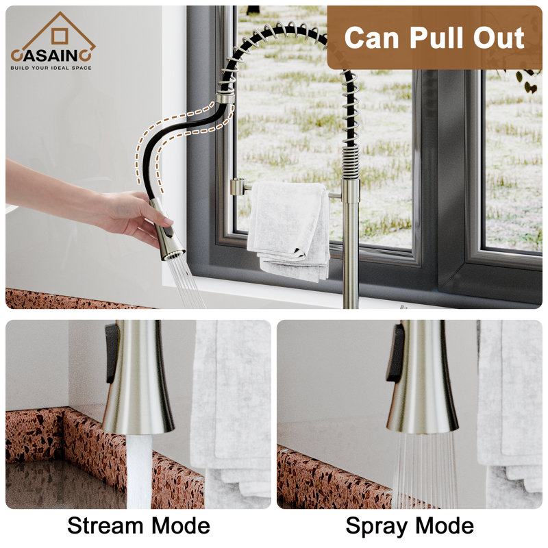 Spring Pull Down Sprayer Kitchen Faucet with Dual-Function Spray Head and Deck Plate, Brushed Nickel