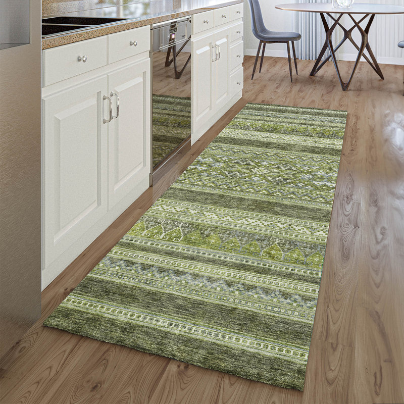 Premium Machine Washable Prisco Olive Rug, Runner 2'3" x 7'6"
