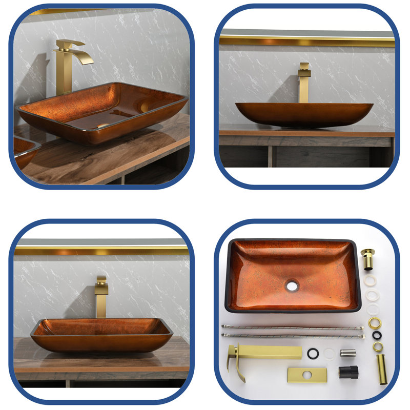 MONSFEST 14.4'' Glass Rectangular Bathroom Sink with Faucet