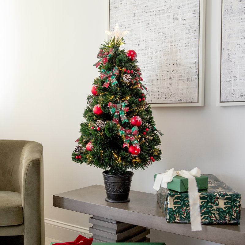 Arbre de Noël artificiel pré-éclairé à fibre optique pré-éclairé avec jardinière Cosmopolitan, 3'