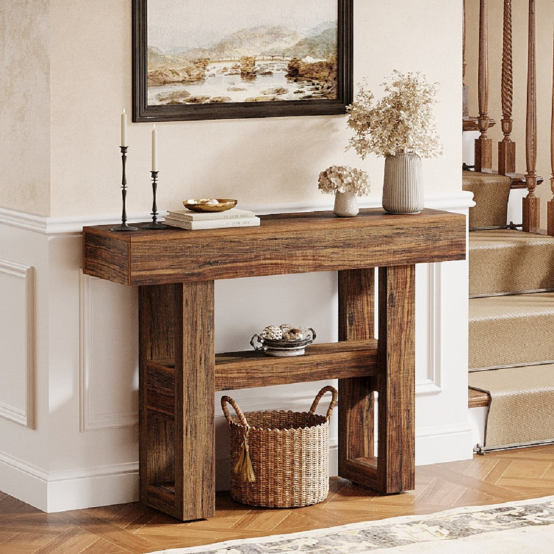 41.34'' Farmhouse Entryway Console Table With Storage Shelves, 2-tier Narrow Sofa Table With Sturdy H-shaped Legs, Brown