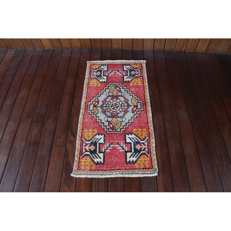 Handmade Small Turkish Rug in Red For Entryway With Vintage Kilim Design And Bohemian Decor Elements Made of Wool