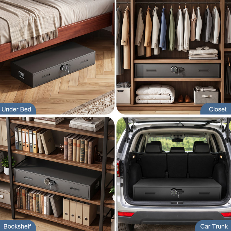 Re Labida Floor Under Bed Safe, Digital Drawer safe, Heavy Duty Gun Safe for Rifles 7.8"H Quick Access Security Safe, Rifle Safe with Alarm System, Mute Mode & Ratchet Tie Down Strap for Bedroom Closet Truck