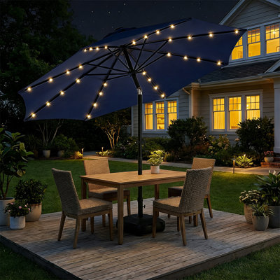 Solar LED Lighted Market Patio Umbrella with Base & Push Button Tilt