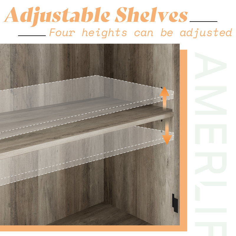 Pfarr 63" W Farmhouse Wood Sideboard with Glass Doors and Adjustable Shelves, Gray, Gray