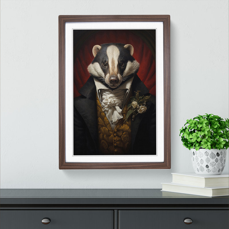 Badger Rococo - Single Picture Frame Print on Wood, Walnut Framed, 34cm H x 25cm W x 2cm D