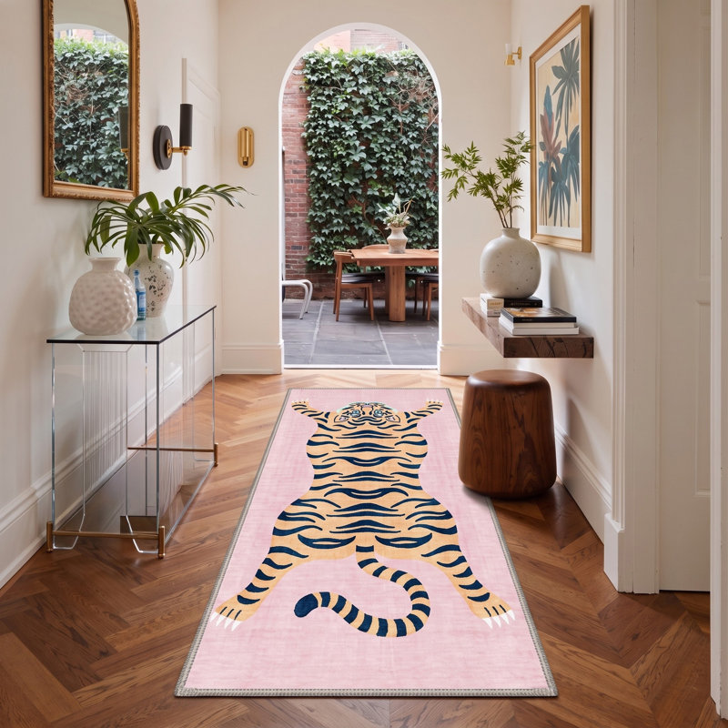 Tapis de couloir Tayviona lavable à la machine rose / orange avec envers antidérapant, Tapis de couloir 2 pi 6 po x 8 pi