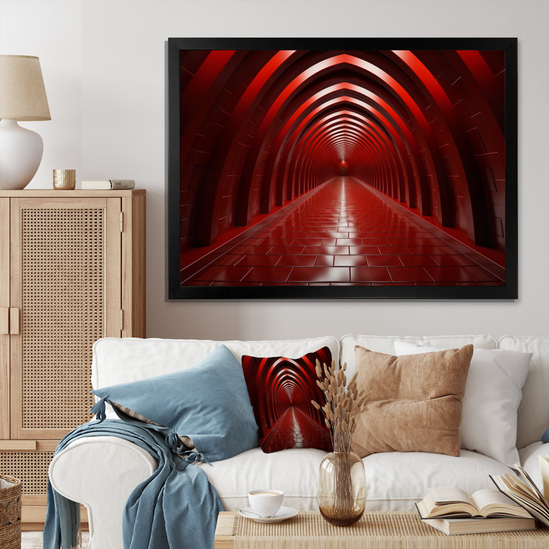 Tunnel abstrait en bois rouge Architecural - reproduction sur toile, Cadre simple noir, H 30 po x l 40 po x P 1,5 po